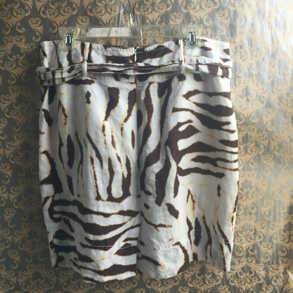 Banana Republic Ivory  Brown Animal Print Stripe Linen Skirt  Size 14 Belted!